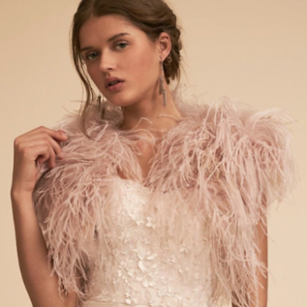 BHLN Feather Bridal Shrug in Taupe / Ostrich Feather Capelet (NWT, Never Worn)